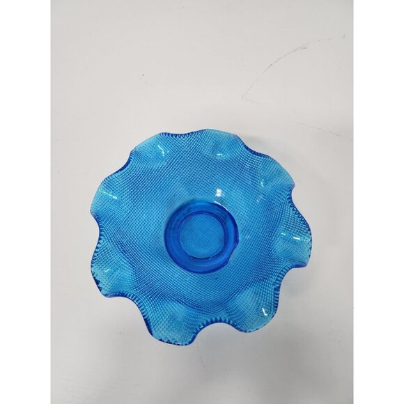 Vintage Colony Italy Blue Waffle Glass Candy Dish Ice Cream Bowl Ruffled Edge - Picture 2 of 7